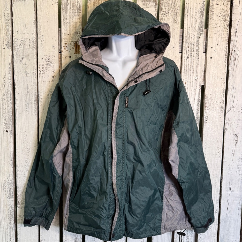 VTG Stearns Dry Wear Windbreaker Men XL Green Grey Hooded Rain Jacket Nylon Coat